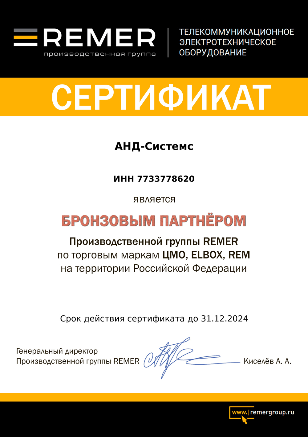 Бронзовый партнер производственной группы Remer
