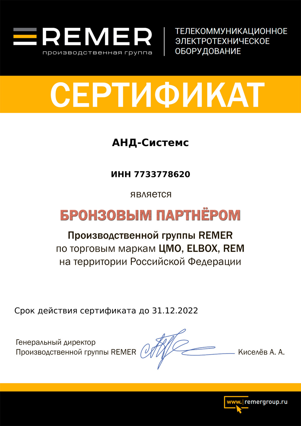Бронзовый партнер производственной группы Remer