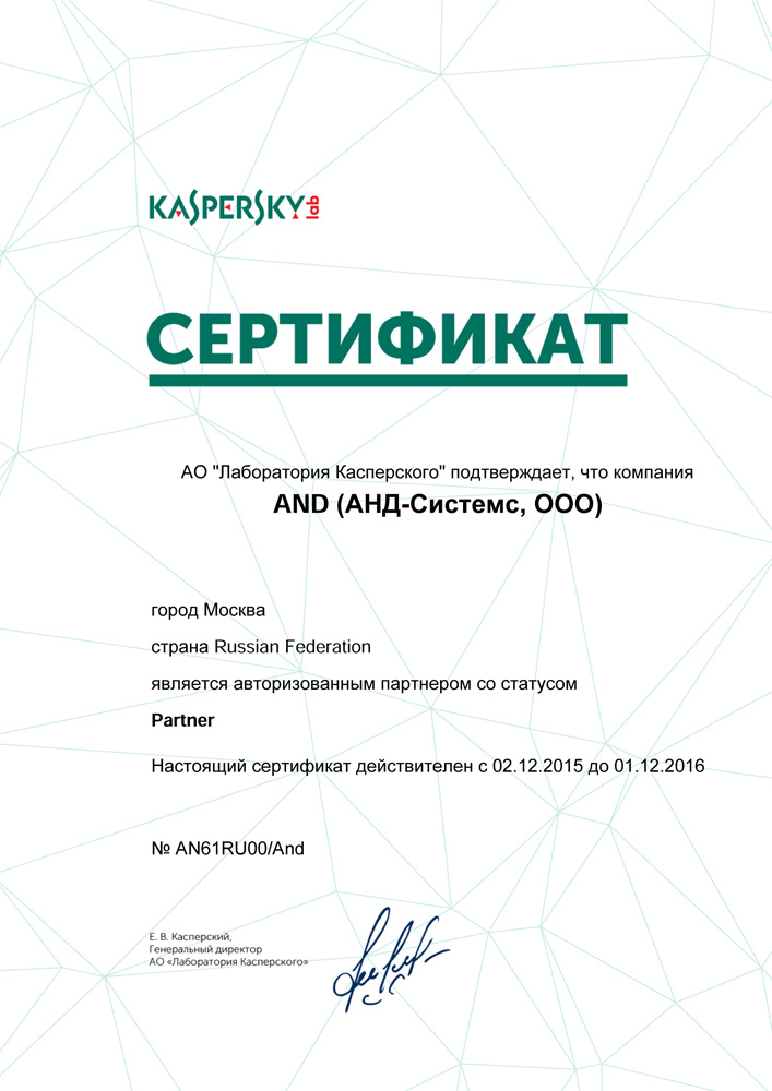 Авторизованный партнер Kaspersky lab со статусом Partner