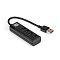 Фото-1 USB-хаб ExeGate DUB-3213 — вид под углом: компактный корпус с четырьмя портами USB-A (один с синей вставкой и три со светлыми), кабель USB-A со штекером с синей вставкой; чёрный; на белом фоне, чтобы различать порт USB 3.0 по цвету и общее число разъёмов.