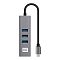 Фото-3 USB Type-C хаб ExeGate DUB-4TC (EX293987RUS), вид спереди, три порта USB-A с синими вставками вертикальным рядом, кабель USB-C рядом, серый корпус