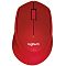 Фото-1 Мышь Logitech M280, беспроводная, красный цвет, вид сверху; показаны асимметричный корпус для правой руки, колесо прокрутки, логотип Logitech и перфорированная зона на левой боковине; изображение показывает цвет и верхнюю форму модели для страницы товара.