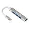 Фото-1 USB-хаб ExeGate DUB-3213C — вид под углом: серебристый металлический корпус с тремя портами USB-A с синими вставками на боковой грани и одним портом USB-A на торце, короткий белый кабель с разъёмом USB-C; на белом фоне, чтобы показать подключение к USB-C и компоновку портов.