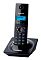 Фото-1 DECT-радиотелефон Panasonic KX-TG1711RU, вид под углом на трубку на базе, чёрный корпус, синий ЖК-экран, круглая навигационная кнопка и квадратная база с круглым углублением